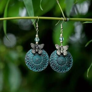 New - Bohemian Round Blue Sunflower and Butterfly Drop Earrings